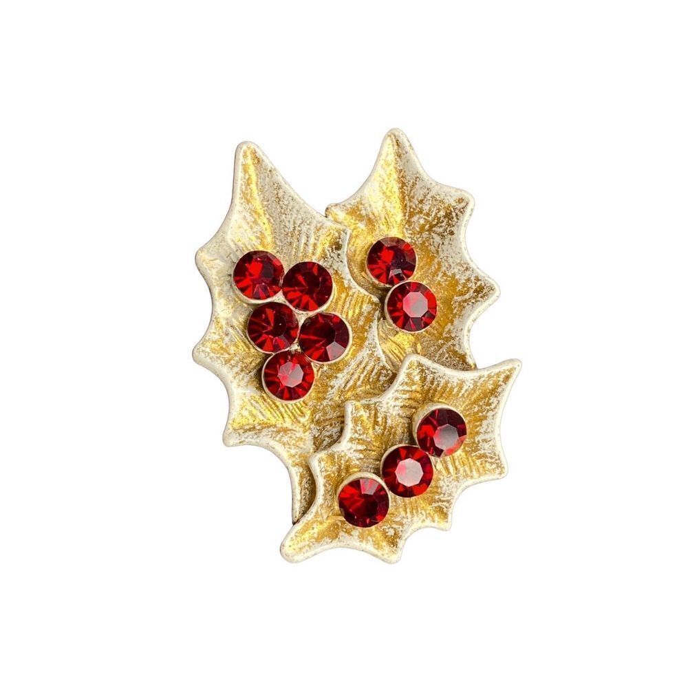 DOD Vintage white enamel holly pin with gold accent and red crystal berries